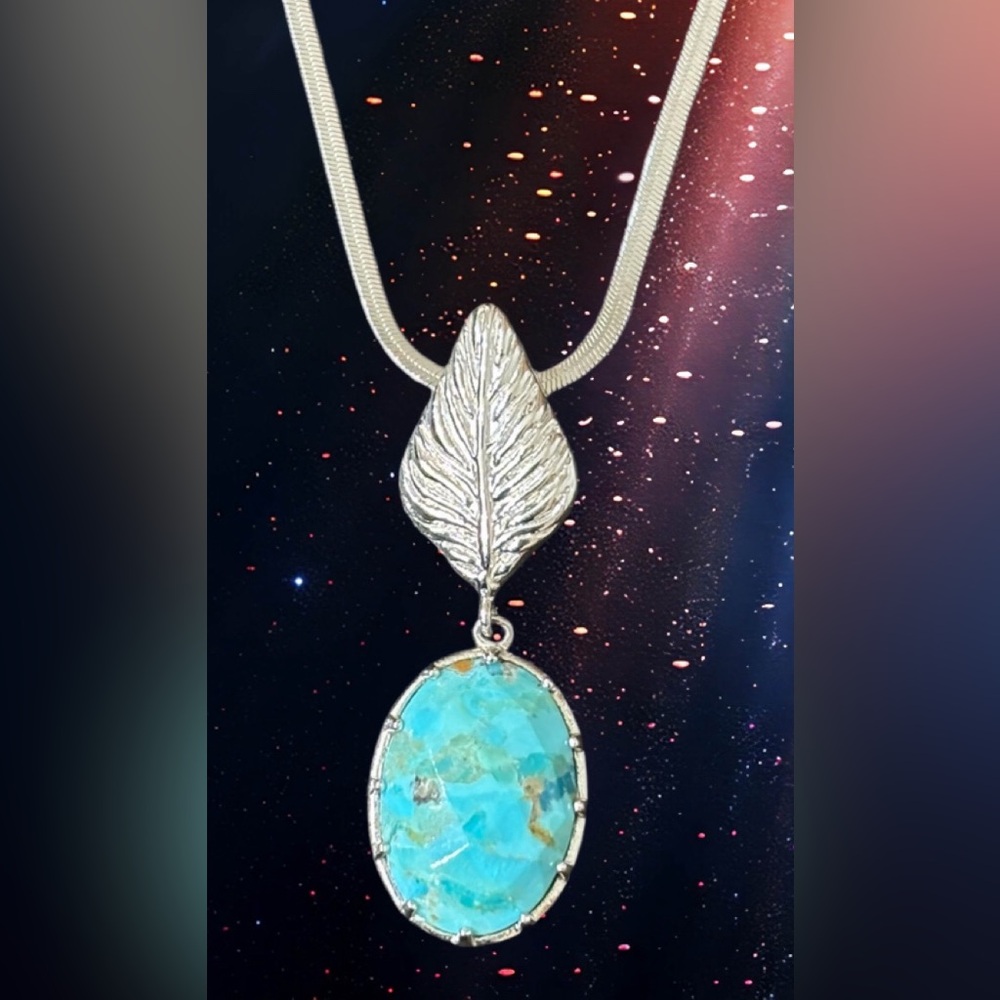 Silver Leaf Turquoise Pendant Necklace - Blue